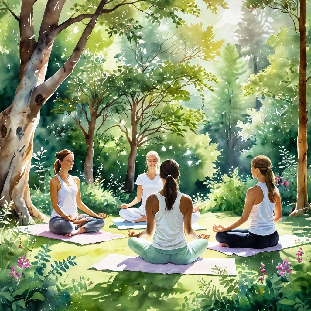 A serene and tranquil scene depicting a diverse group of individuals engaged in various holistic healing practices, such as meditation, yoga, and herbal therapy, surrounded by nature. Soft sunlight filters through lush green trees, creating a calming atmosphere, while vibrant natural elements like flowers and essential oils add color and depth. The essence of healing and connectivity with nature should be palpable. watercolor painting. soft pastel colors. calming atmosphere.