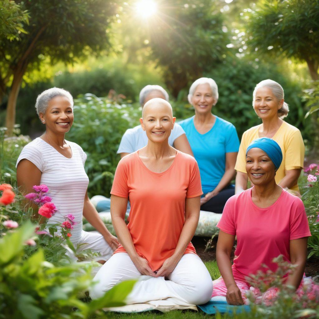 A serene, uplifting scene illustrating a diverse group of cancer survivors sharing their stories in a sunlit garden. Surround them with symbols of holistic health, like herbs, essential oils, and yoga poses. Show radiant smiles and expressions of strength and hope on their faces, reflecting resilience and community support. The background features blooming flowers and vibrant greenery, symbolizing growth and life. soft focus, vibrant colors, natural light.