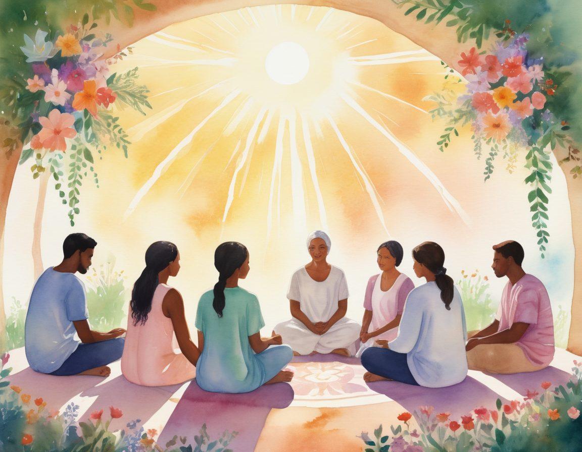 A serene and uplifting scene depicting a diverse group of people supporting each other in a cozy, sunlit space, surrounded by symbols of hope like blooming flowers and gentle rays of sunlight. Include a comforting support circle with one person sharing their story, while others listen with empathetic expressions, highlighting themes of empowerment and community. watercolor style. soft pastel colors. calming background.
